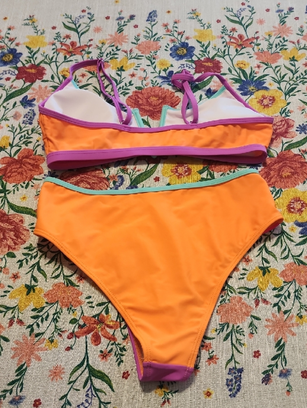 Colorblock Pink Orange Purple Bandeau Bikini - Women Swim Bikini - Picture 4 of 5